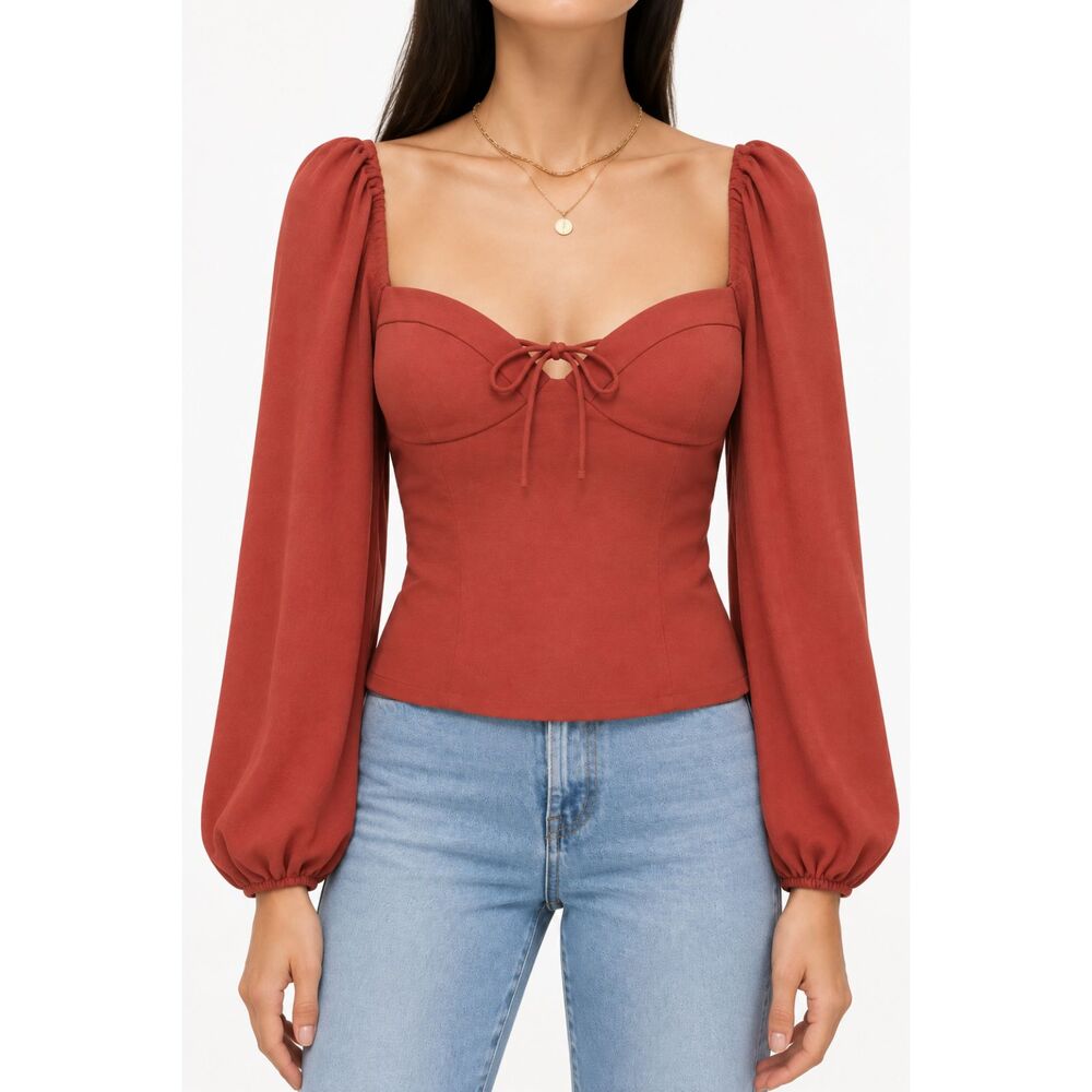 Aritzia Wilfred S Rust Terracotta Puff Sleeve Sweetheart Tie Front Crop Top